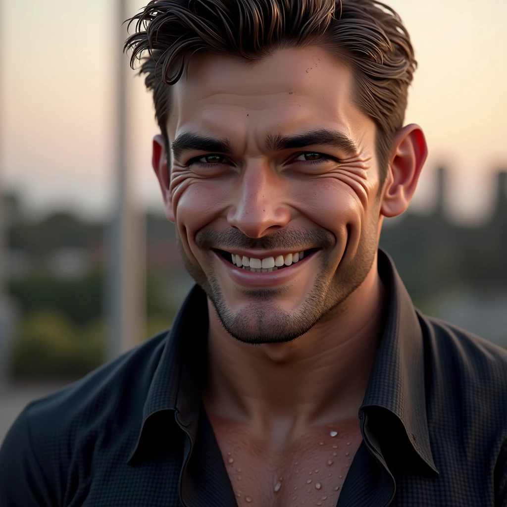 Man in gym, with seductive smile, wearing compression clothing, looking happy, covered in sweat, wearing compression clothing, tired, panting