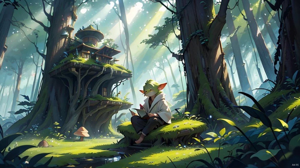 Create a wide and detailed illustration of Master Yoda meditating in a dense, mystical forest. He is sitting in a meditation pose on a moss-covered tree stump. Around him, various books of different sizes and styles are floating in the air, held up by the Force. The books appear to be open, with pages gently turning as if moved by a light breeze. Sunlight filters through the trees, creating soft rays of light and shadows around Yoda. The atmosphere should be peaceful and magical, with lush vegetation and a few small forest creatures silently observing. Add details like glowing mushrooms, exotic flowers, and gently falling leaves. The image should be large and wide enough to be used as a poster.