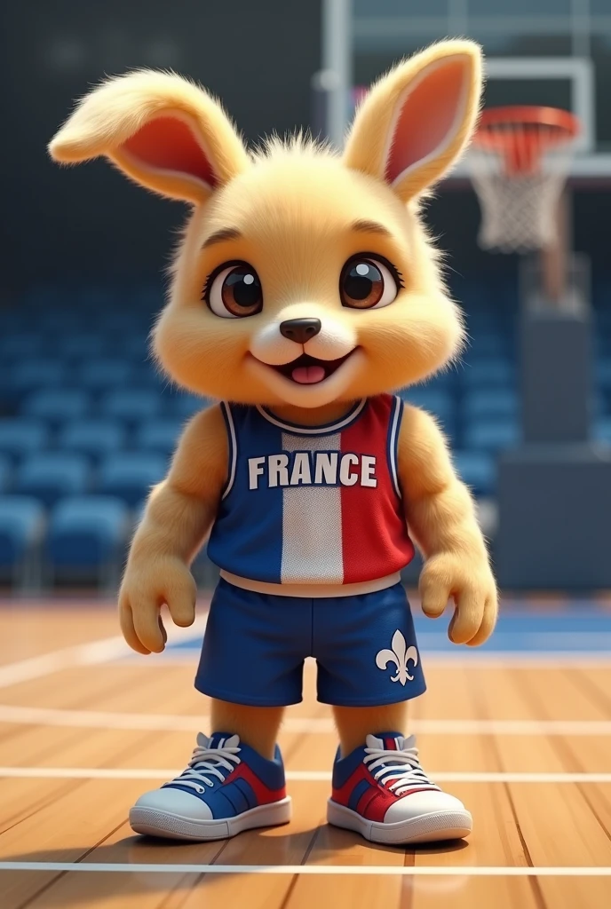 Un animal hybride un corp de lapin avec une tete de golden retriever habillé en tenue de basket-ball de la france 
