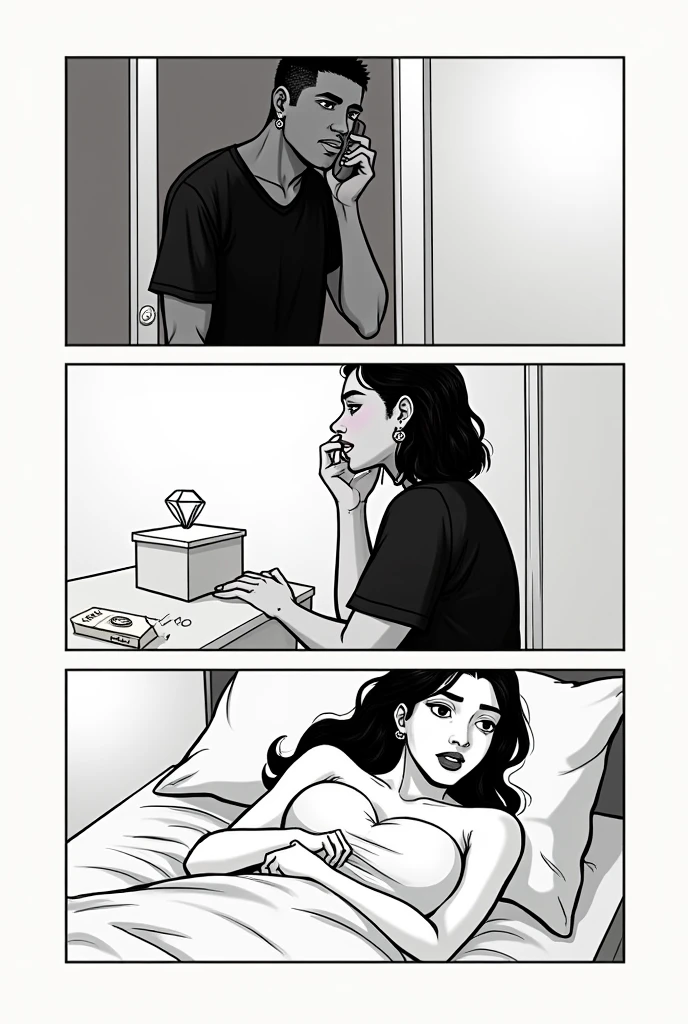 three-part manga-style comic book:
in the first part a black man with short hair shaved on the sides, diamond earrings in the ears, with black shirt, brown eye color. very dark espresso skin color. wide nose, big lips, is standing leaning against the door frame, in a call.
in the second part there is a little box with a ring on top of the bed.
in the third part a white woman with long black wavy hair, is lying in bed on the phone