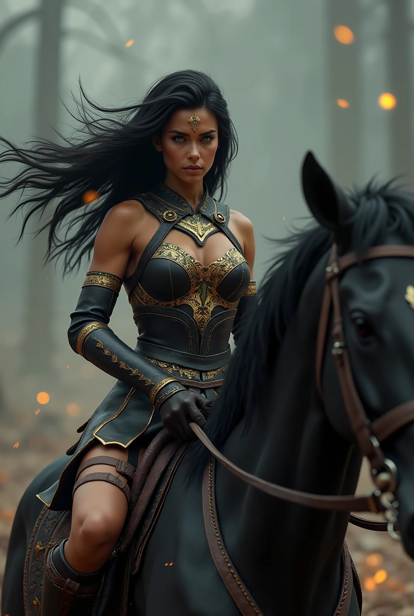 create a 3D photo realistic warrior woman with black hair and piercing green eyes, a black gold minimal leather armour because she is amazon, riding her impressive black horse. she is standing fearless and look at us, the atmosphere is scary and she is ready to fight