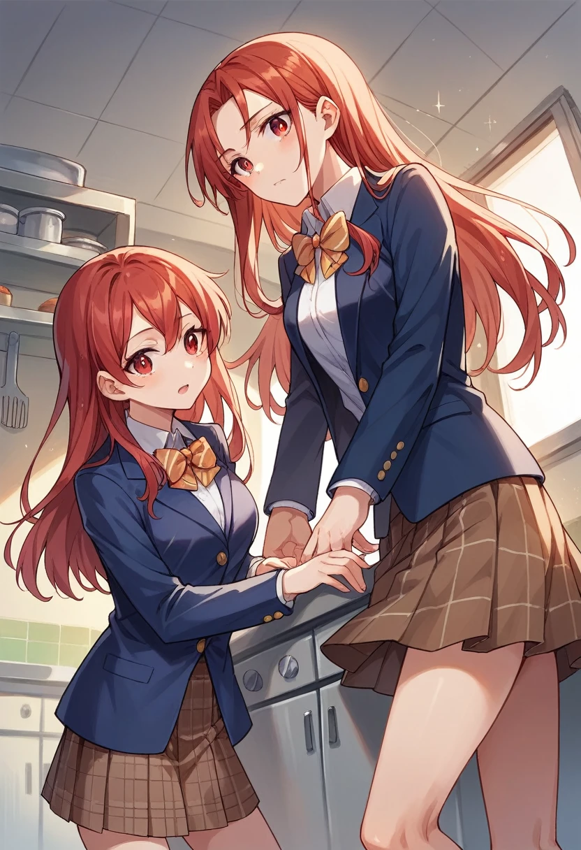 ryoukosakaki, ryouko sakaki, Long Hair, (Red eyes:1.3), Redhead, (amount:1.2),
break bow, school uniform, Striped, bow tie, blazer, Striped bow tie, blue blazer, Brown Skirt, Plaid skirt, Plaid,
break indoors, kitchen,
break looking at viewer, (Cowboy Shot:1.5),
break (masterpiece:1.2), Highest quality, High resolution, unity 8k wallpaper, (figure:0.8), (Beautiful attention to detail:1.6), Highly detailed face, Perfect lighting, Highly detailed CG, (Perfect hands, Perfect Anatomy),