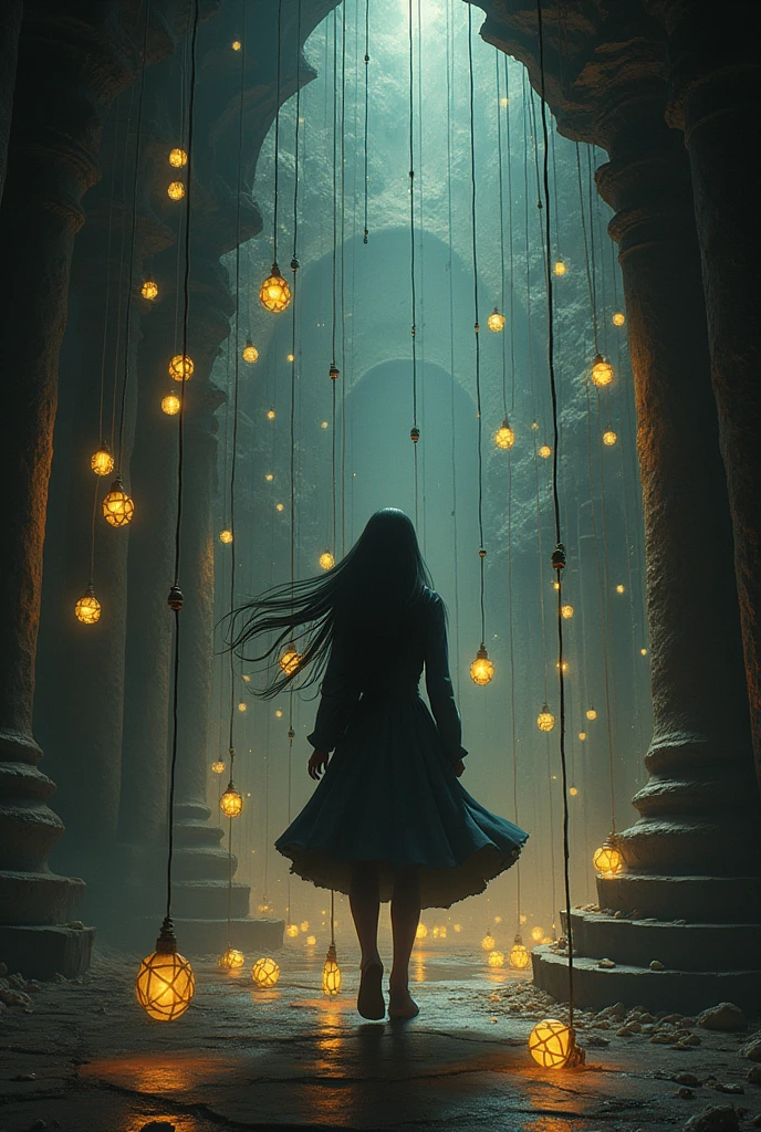 Depict Noor as she navigates through a complex web of lies in the form of glowing threads hanging in a dark, enchanted room. Noor walks carefully, her face filled with determination, as she uses her honesty and wit to avoid the deceptive traps. The room is filled with shifting shadows, creating an air of mystery and tension."