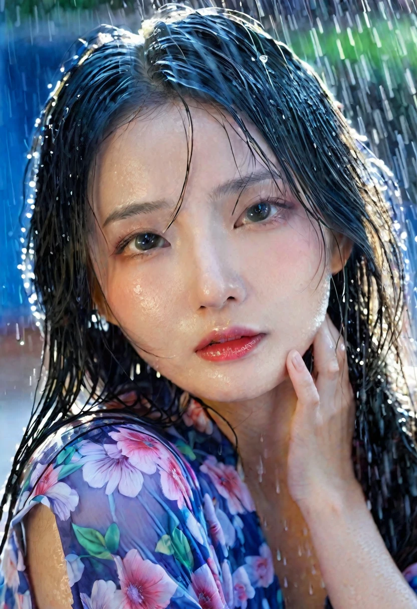 she likes to be very wet a high-resolution image capturing a young model with long, straight, wet hair covering her face under a Strom rain
with a water hose. the obscured face emits a cute, youthful vibe reminiscent of a 1 actress/model asian. she adorns an elegant, voluminous gala dress with a floral pattern and voluminous sleeves,