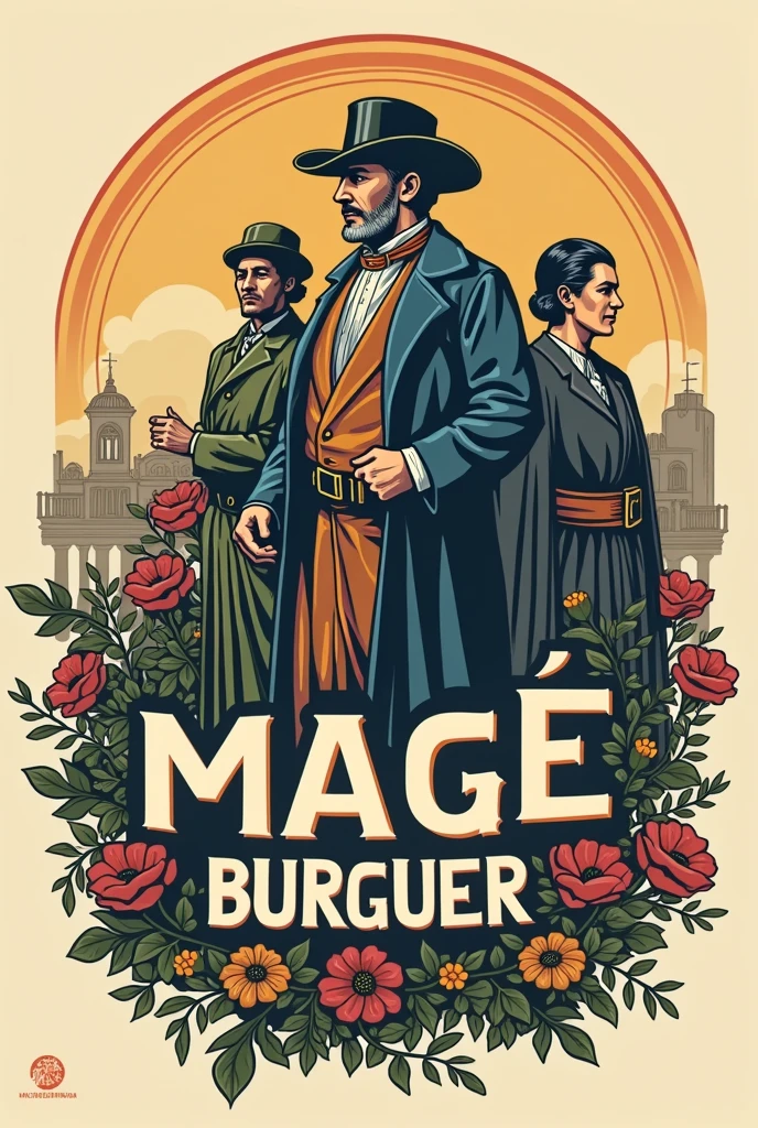 Create a logo for a burger joint called Magé Burguer that contains the city's historical elements: The oldest city in Rio de Janeiro is where the Portuguese first set foot.. There you will find the first railway line in Brazil. Baron of Mauá lived in this city. Father José de Anchieta passed through the city. Mané Garrincha was born there. I want the logo to express the characters well.