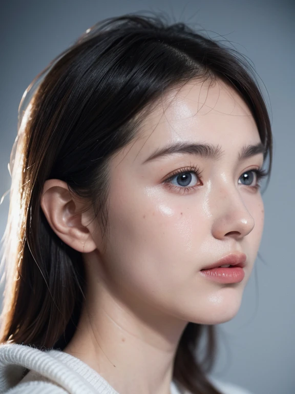 Best quality, ultra high res, (realistic:1.4), showing only the side profile, with a complex facial structure, bare facial skin, with visible pores on the face, (detail of pores: 1.2), uneven skin texture, with clear wrinkles, no blemishes, blue eyes, plump lips, in the dark, low key.