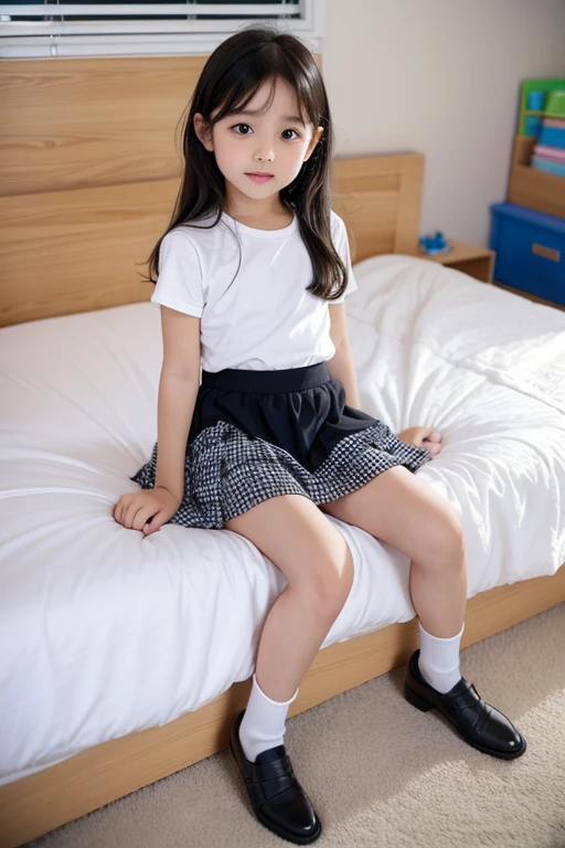 Cute and lovely elementary school first grade girl pretty face full body sitting full body photo small child sexy naughty children bed short skirt temptation panties visible revealing skirt preparing
