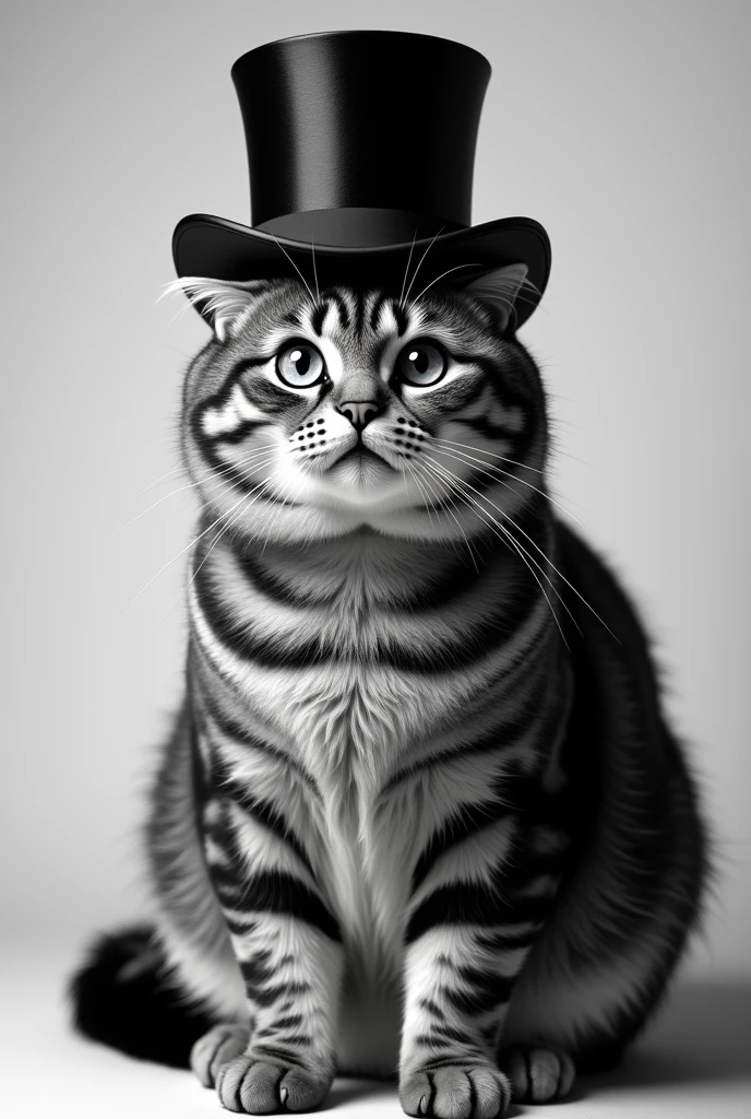 Thick-necked striped cat with top hat. in black and white