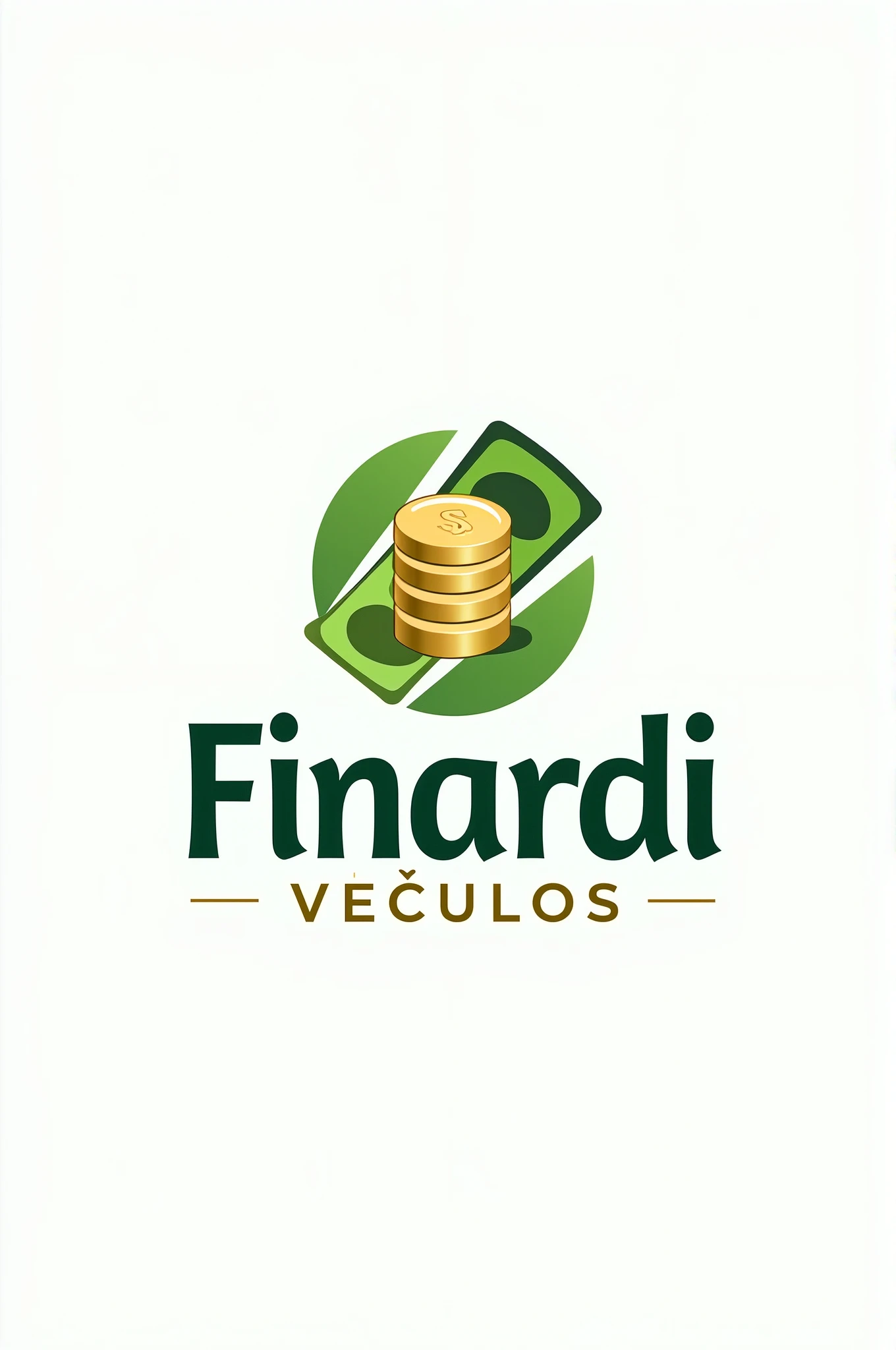 "Create a modern and eye-catching logo for the company 'Finardi Veículos', located in Chapecó, sc, specialized in vehicle financing and refinancing. The logo should incorporate elements that evoke money and ease of credit, like stylized banknotes, coins or credit symbols. Design should convey confidence, accessibility and financial success. Use a color palette that includes shades of green (to symbolize money) and gold (to represent financial prosperity). The logo should be elegant and professional, with clear and bold typography, easy to read. The overall style should be contemporary, aiming to attract customers looking for an easy and reliable way to finance the purchase of their vehicle."