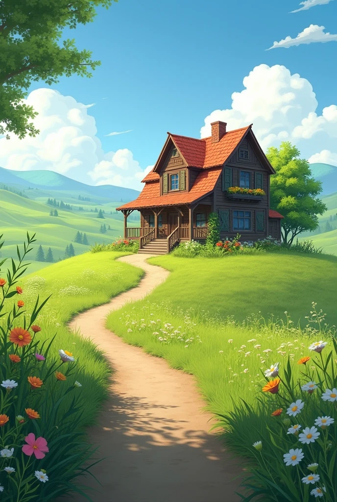 a small country house surrounded by beautiful fields, realistic, high definition
