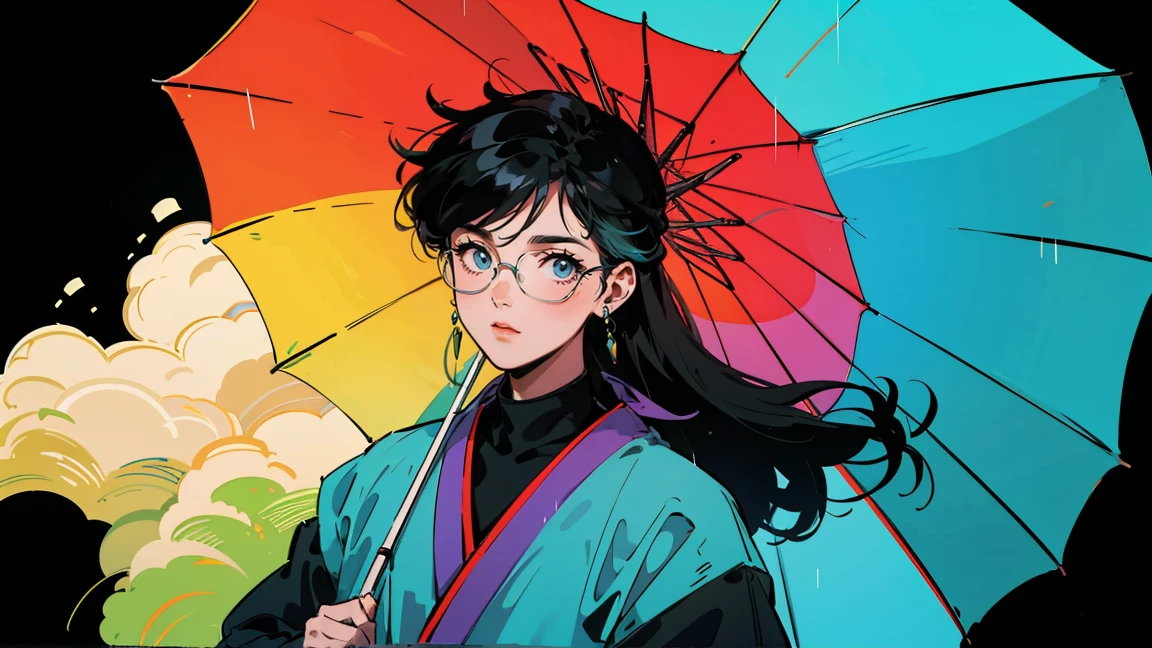 super high quality, Ultra-high resolution, Super detailed, High Contrast, Ultra Fine Strike, Creative refinement,Black Hairの,With a rainbow-colored umbrella,Stylish glasses,Black Hair,Long Hair,It rains,