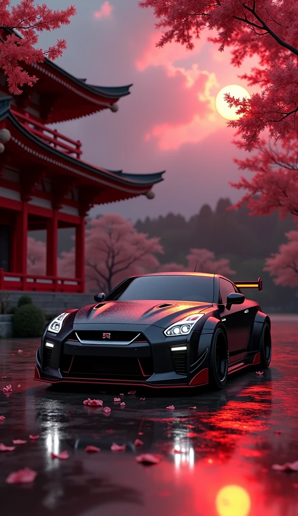 A masterfully crafted 8k art photography of a sleek, modified Nissan GTR NISMO in JDM color, showcasing black and red metallic tones. The car is meticulously placed amidst a serene Japanese temple, surrounded by vibrant red cherry blossom sakura petals that float through the air,There is a red full moon in the dark, cloudy sky.. The composition is a seamless blend of photorealistic concept art and cinematic lighting, reminiscent of the masterful techniques employed by Raphael, Caravaggio, and Greg Rutkowski. The render showcases natural volumetric lighting, with soft, perfect shadows that evoke a chiaroscuro effect. The image pays homage to the works of artists such as Beeple, Beksinski, and H.R. Giger and is sure to captivate and inspire viewers with its breathtaking beauty and attention to, 3d render, cinematic, photo