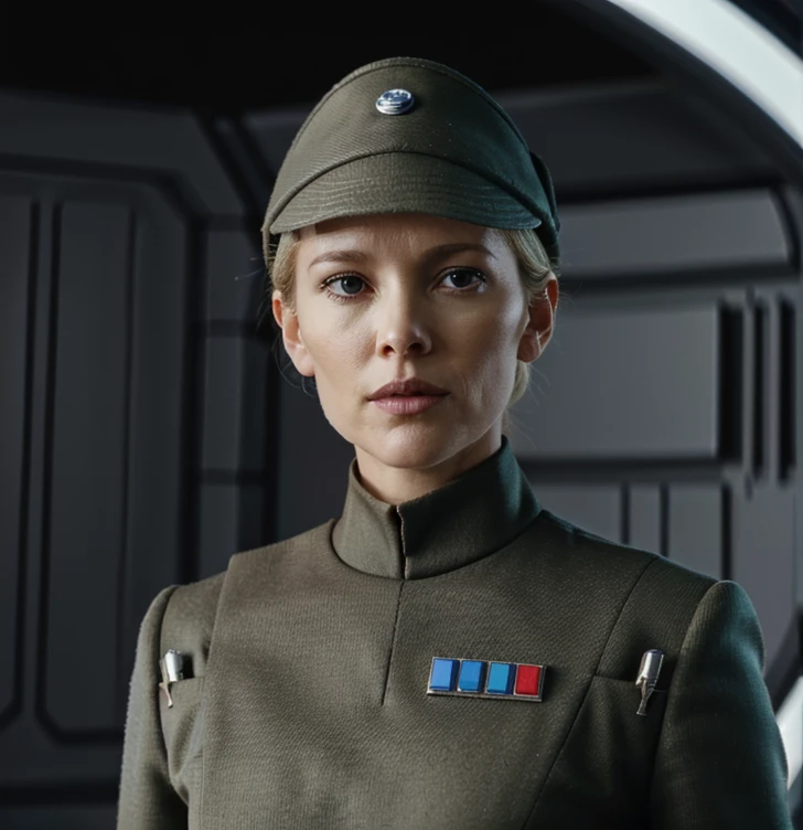 Megyn Kelly in olive green imperial officer uniform and hat, pale skin, blonde hair in bun, long pointy chin, blue eyes, sci-fi space station 