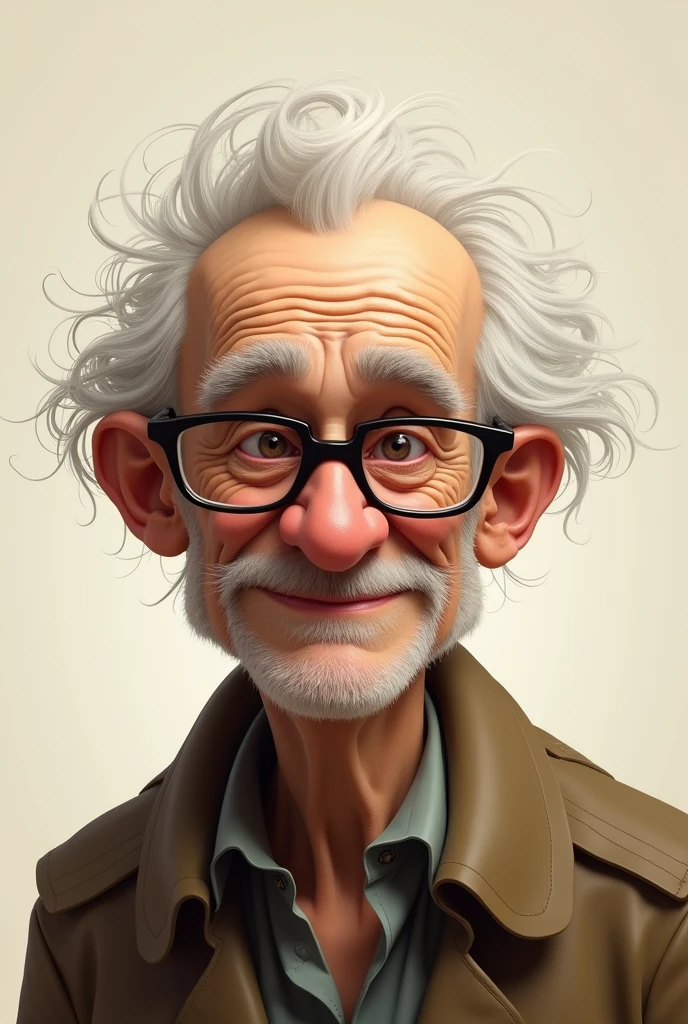 AN ELDERLY MAN WITH CUTE WHITE SQUARE GLASSES WITH NO HAIR ON TOP ONLY ON THE SIDES OF HIS HAIR, DO AS DRAWING

