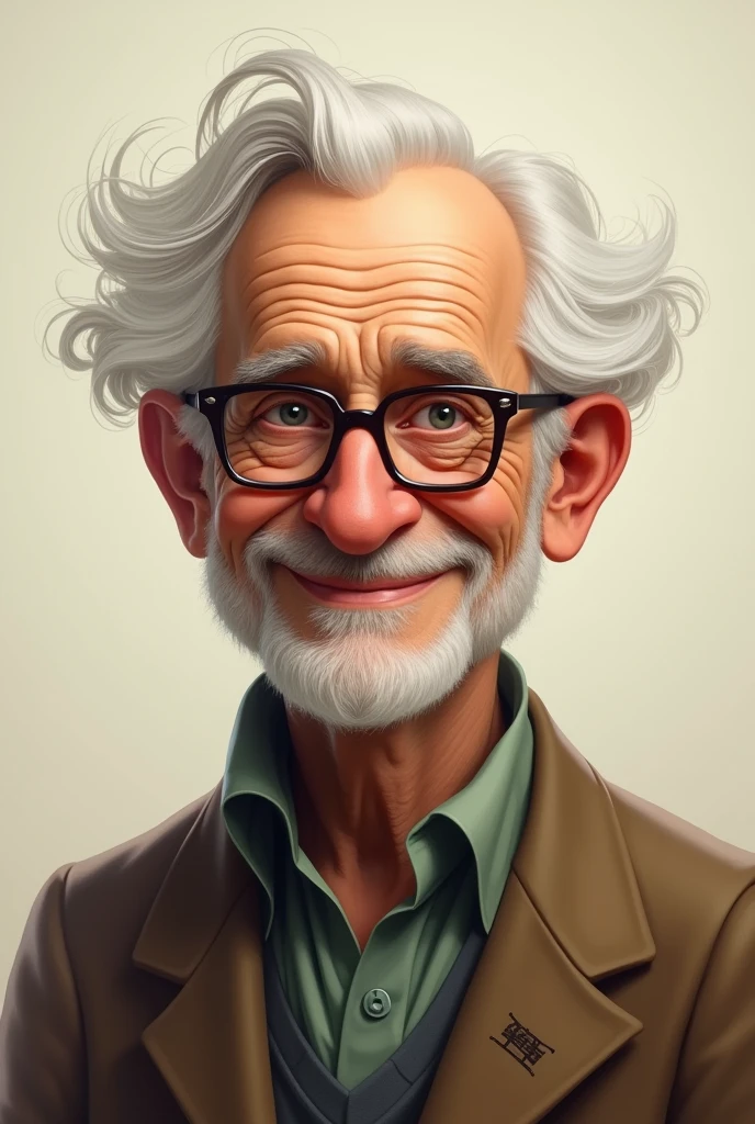 AN ELDERLY MAN WITH CUTE WHITE SQUARE GLASSES WITH NO HAIR ON TOP ONLY ON THE SIDES OF HIS HAIR, DO AS DRAWING