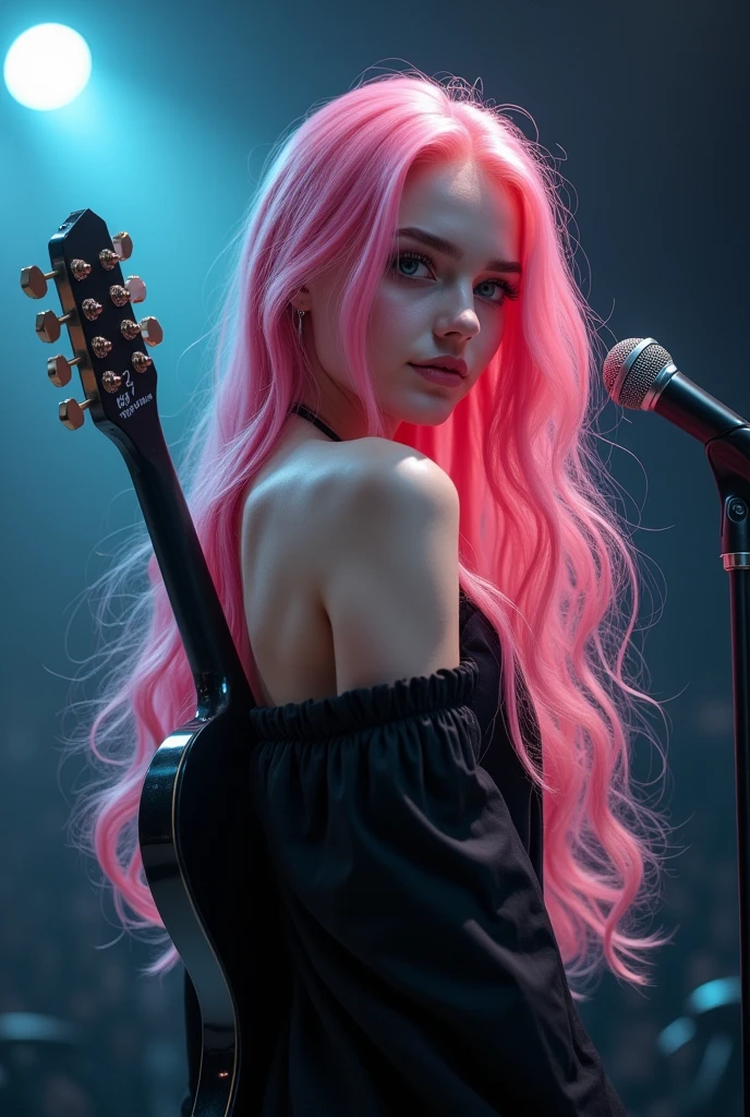 Woman with long pink hair, He is standing with his back turned with a microphone in his hand and his face in profile, On the back of her back she has an electric guitar and her dress is black, 20 year old woman with sweet face, blue eyes, she close up and real woman background scenery, hyperrealistic 4k ((ultra realistic))) Photo, masterpiece, top quality, (Pale skin), (Ultra detailed face and eyes.:1.3), 1 girl, Adult BLACK DRESS AND STAGE BACKGROUND, BLACK GUITAR AND IT SHOWS ULTRA REALISTIC HYPERREALISTIC

