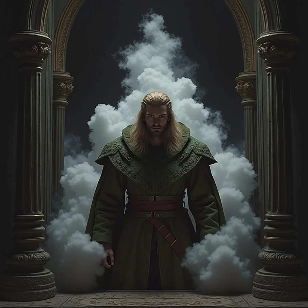 a prince with golden blonde hair, wearing a moss green medieval military outfit, looking forward with piercing emerald green gaze, full body, art by Greg Rutkowski, hyper realistic, cinematic lighting, highly detailed, award winning digital art, stunning, epic, dramatic, masterpiece, 8K, photorealistic, volumetric lighting, atmospheric, moody, dramatic, fantasy, concept art, digital painting, illustration