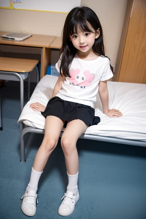 Cute and lovely elementary school first grade girl pretty face full body sitting full body photo small child sexy naughty children bed short skirt temptation panties visible revealing skirt preparing 
