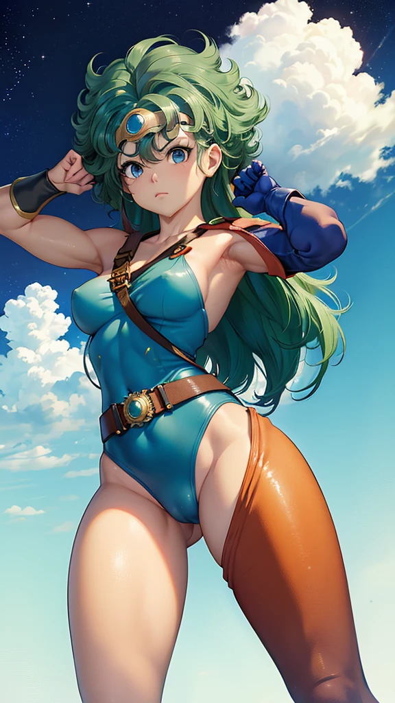 (((SFW、sound、Highest quality、Top notch work、Normal body、8k、Detailed face、Ultra-precision、normal hand、Refer、5refer、Highest)))、beautiful girl、Green Hair、yamato nadeshiko、((Small breasts、Shortcuts、Blue leotard、muscular、Red Cape、Circlet))、(((Sexy pose)))、Female Heroes、 Fight、Fight is ready、((Perfectly executed:Description of the whole body,Standing posture,Draw the details well、There is no anatomical problem))、grassland