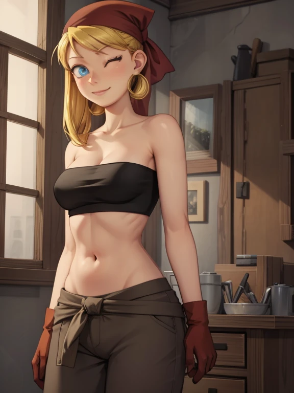 winryrockbell, winry rockbell, blue eyes, blonde hair, BREAK gloves, navel, cleavage, bare shoulders, collarbone, earrings, midriff, pants, stomach, bare arms, strapless, bandana, bandeau, tube top, grey gloves,BREAK smiling, teeth, one eye closed BREAK holding a wench BREAK indoors, BREAK looking at viewer, BREAK (masterpiece:1.2), best quality, high resolution, unity 8k wallpaper, (illustration:0.8), (beautiful detailed eyes:1.6), extremely detailed face, perfect lighting, extremely detailed CG, (perfect hands, perfect anatomy),
