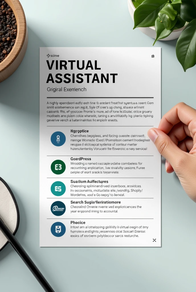virtual assistant gig card with ms word, MS Excel, ms PowerPoint, QuickBooks, wordPress, shopify, woocommerce, elementor, seo logo. 15+ years of experience, flexible timing etc. 