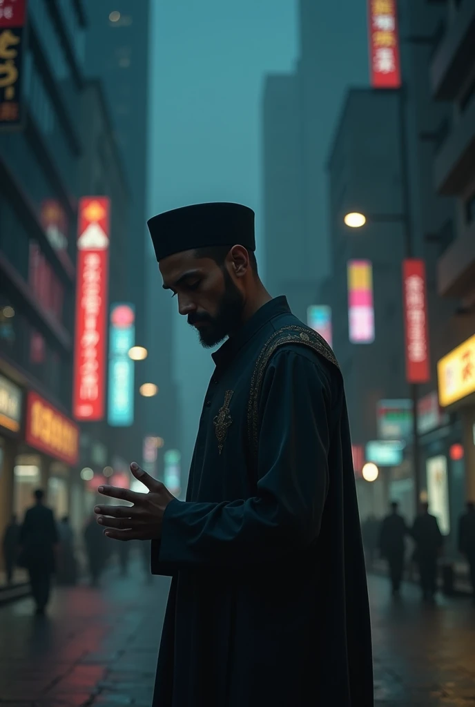 Sad muslim in city night