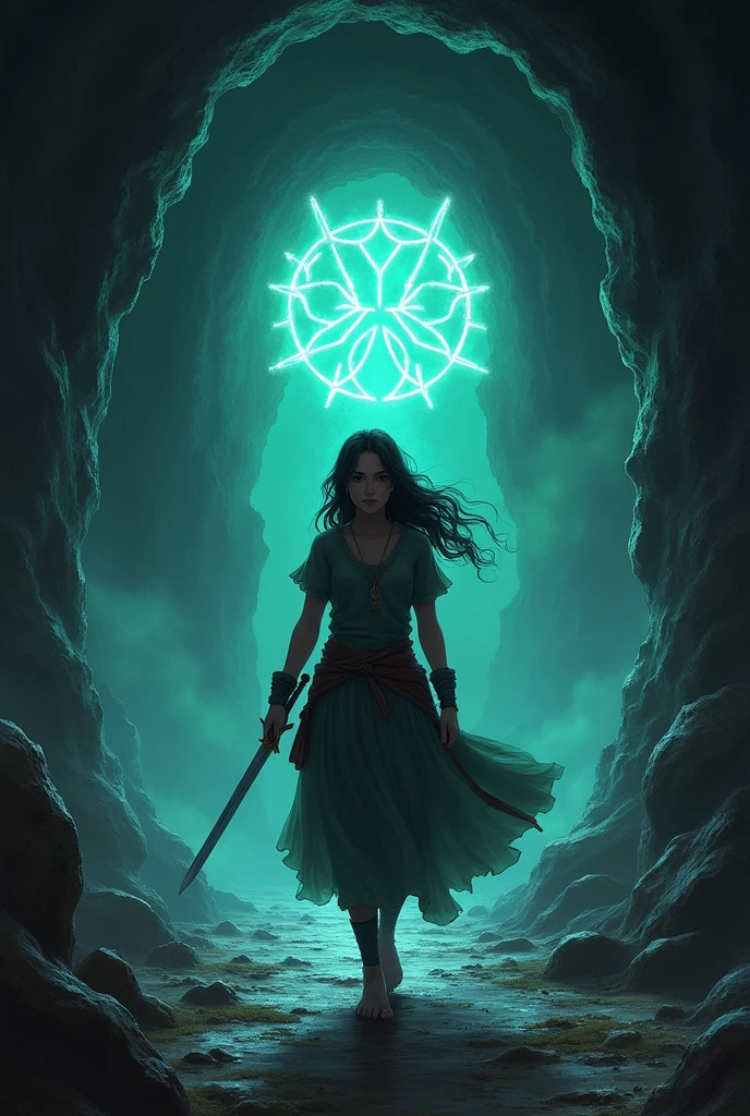 Show Noor standing bravely inside a dark, haunting cave filled with eerie, whispering voices. The cave is damp and ominous, with strange glowing symbols etched into the walls. Noor, holding her small sword firmly, walks forward despite the fearsome voices echoing around her. Her courage shines through in her confident posture."