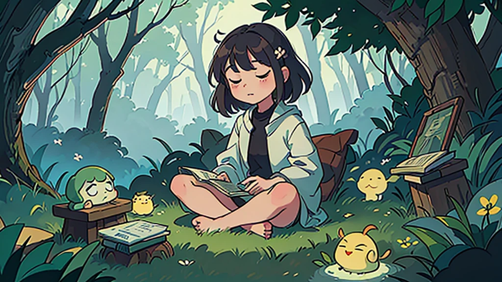 Create a wide and detailed illustration of Master Yoda meditating in a dense, mystical forest. He is sitting in a meditation pose on a moss-covered tree stump. Around him, various books of different sizes and styles are floating in the air, held up by the Force. The books appear to be open, with pages gently turning as if moved by a light breeze. Sunlight filters through the trees, creating soft rays of light and shadows around Yoda. The atmosphere should be peaceful and magical, with lush vegetation and a few small forest creatures silently observing. Add details like glowing mushrooms, exotic flowers, and gently falling leaves. The image should be large and wide enough to be used as a poster.