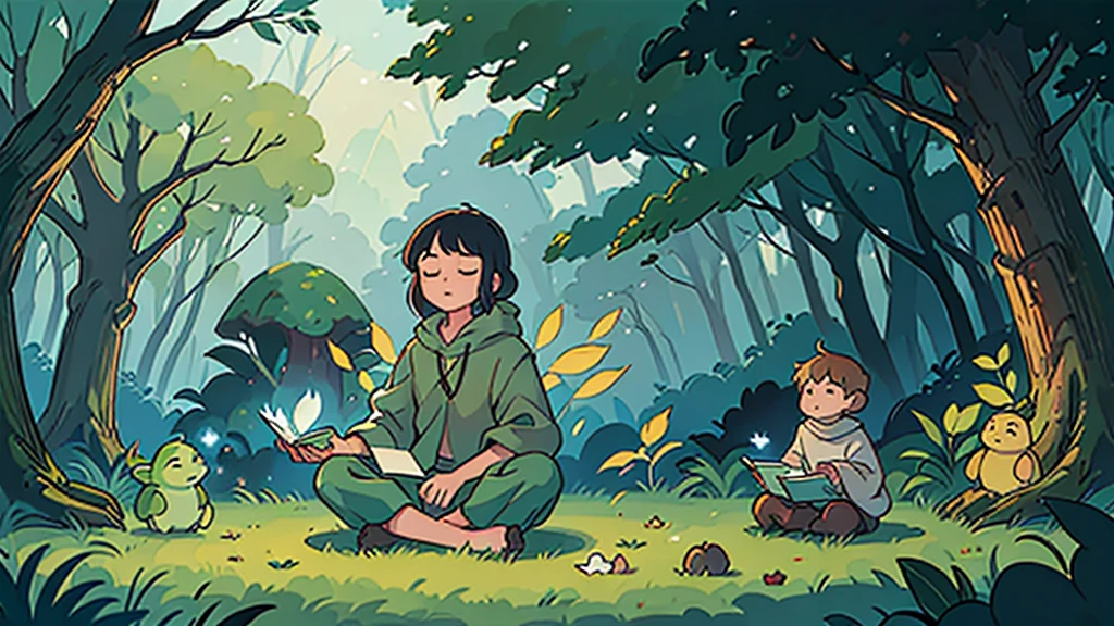 Create a wide and detailed illustration of Master Yoda meditating in a dense, mystical forest. He is sitting in a meditation pose on a moss-covered tree stump. Around him, various books of different sizes and styles are floating in the air, held up by the Force. The books appear to be open, with pages gently turning as if moved by a light breeze. Sunlight filters through the trees, creating soft rays of light and shadows around Yoda. The atmosphere should be peaceful and magical, with lush vegetation and a few small forest creatures silently observing. Add details like glowing mushrooms, exotic flowers, and gently falling leaves. The image should be large and wide enough to be used as a poster.