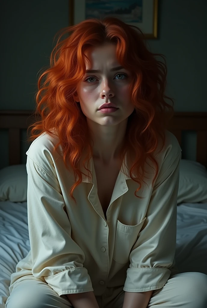 woman with red, curly hair, looks tired, dim lighting, wearing pajamas
