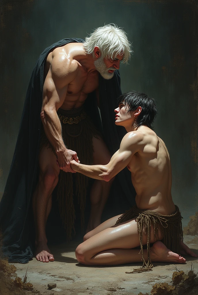 A naked young king with fair hair and unrelenting facial expression is harshly fucking an evil young sorcerer as a punishment for his crimes. The sorcerer is a naked kneeling young man has an expression of pain on his face, as he begs the king to stop.