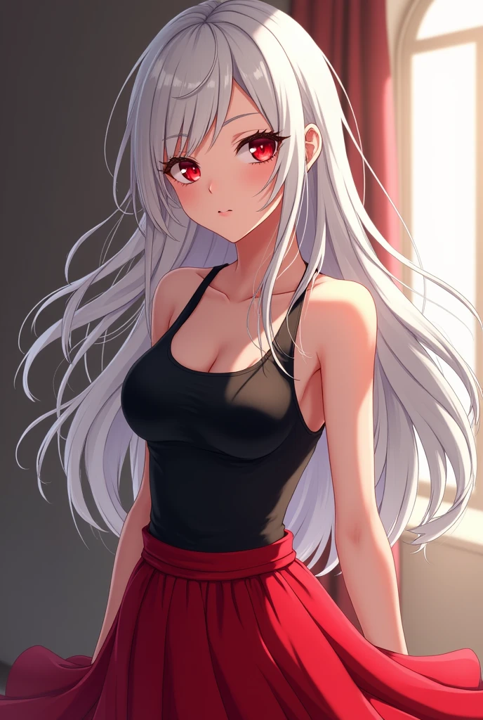 Anime styled girl with ted eyes white hair wearing a black tank top and a red skirt