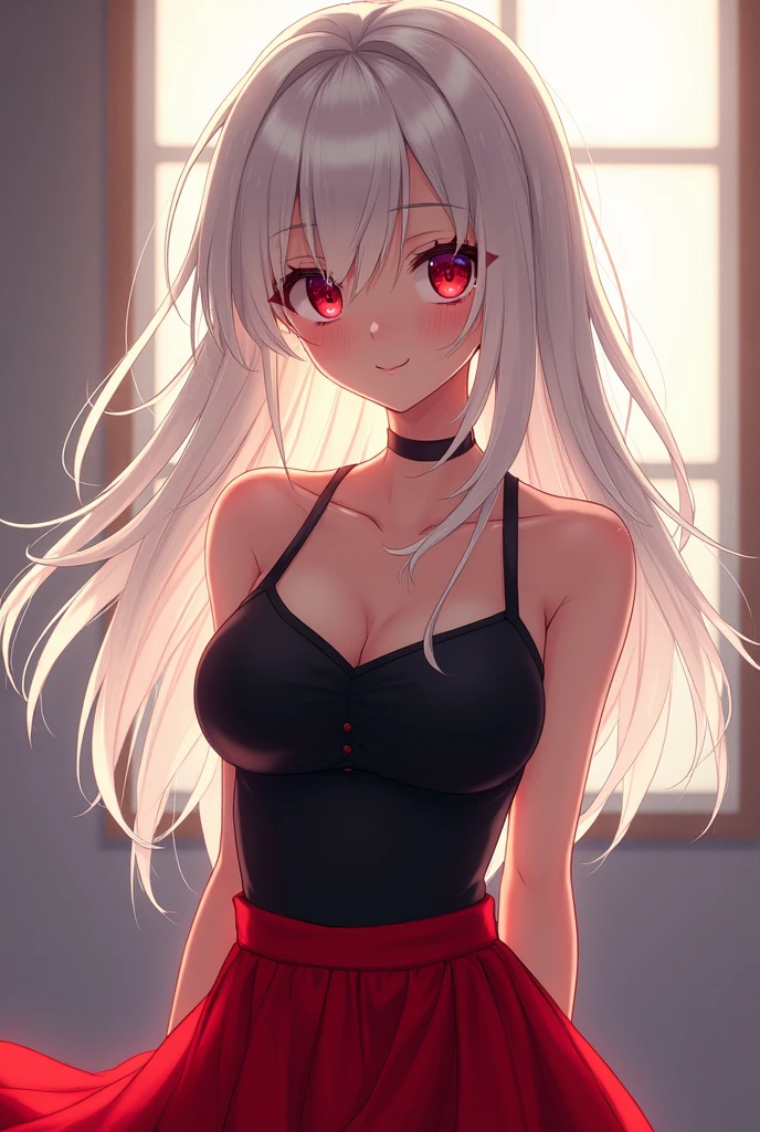 Anime styled girl with ted eyes white hair wearing a black tank top and a red skirt