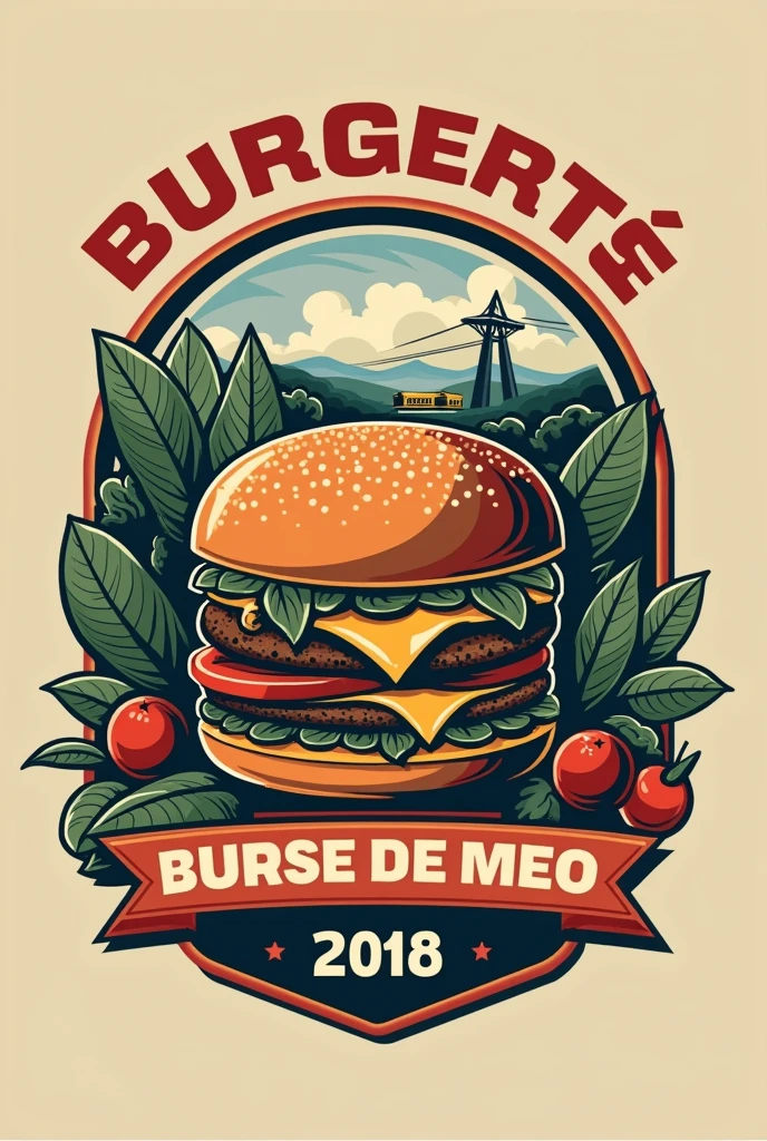 Create a logo for a burger joint called Magé Burguer that contains the city&#39;s historical elements: The oldest city in Rio de Janeiro is where the Portuguese first set foot.. There you will find the first railway line in Brazil. Baron of Mauá lived in this city. Father José de Anchieta passed through the city. Mané Garrincha was born there. I want the logo to express the characters well and make reference to hamburgers.