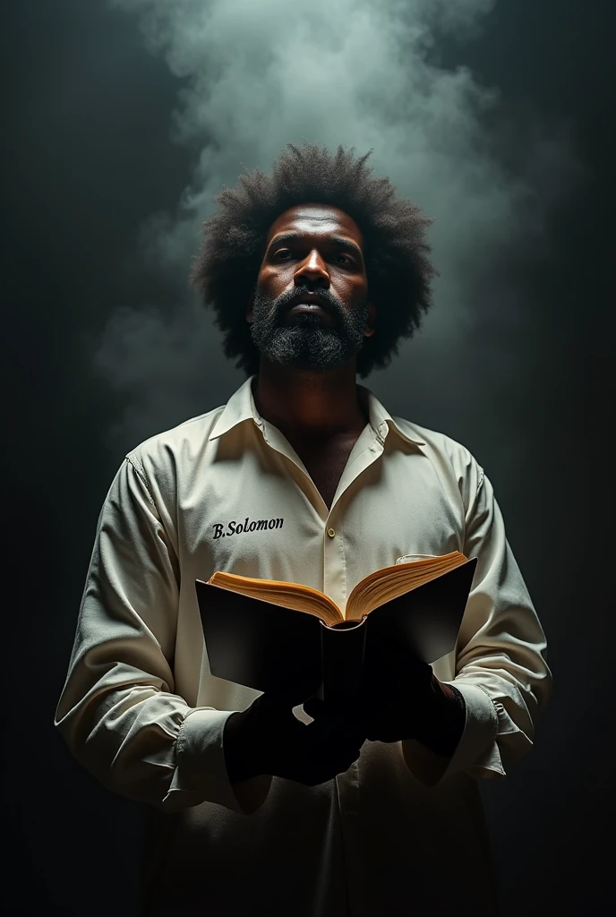Create a black preacher holding the holy bible, with Afro hair and Yoruba tribal marks on his face with inscription “B Solomon” on his shirt