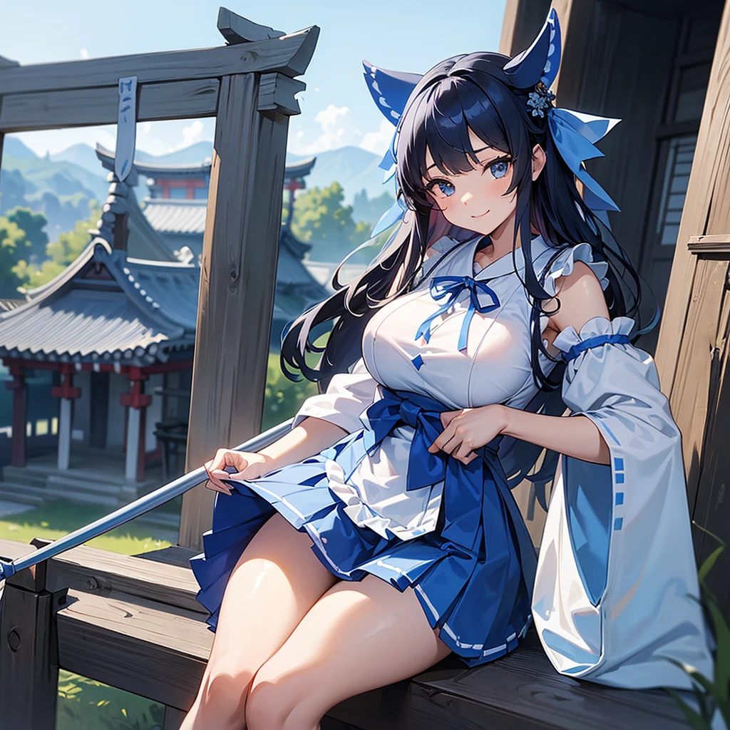 masterpiece,Highest quality,High resolution,Super detailed,hyper quality, highly detailed, (((gripping Big Spear))), The best smile、(((Blue and white shrine maiden costume))), (((青いmicro mini skirt))), Black hair straight、long hair、I don't wear anything on my feet、(((Blue Big Ribbon))), Large slit eyes、Straight bangs、Big Breasts、Blue sleeves、A girl who is about 165cm tall、Are standing、Shrine Background