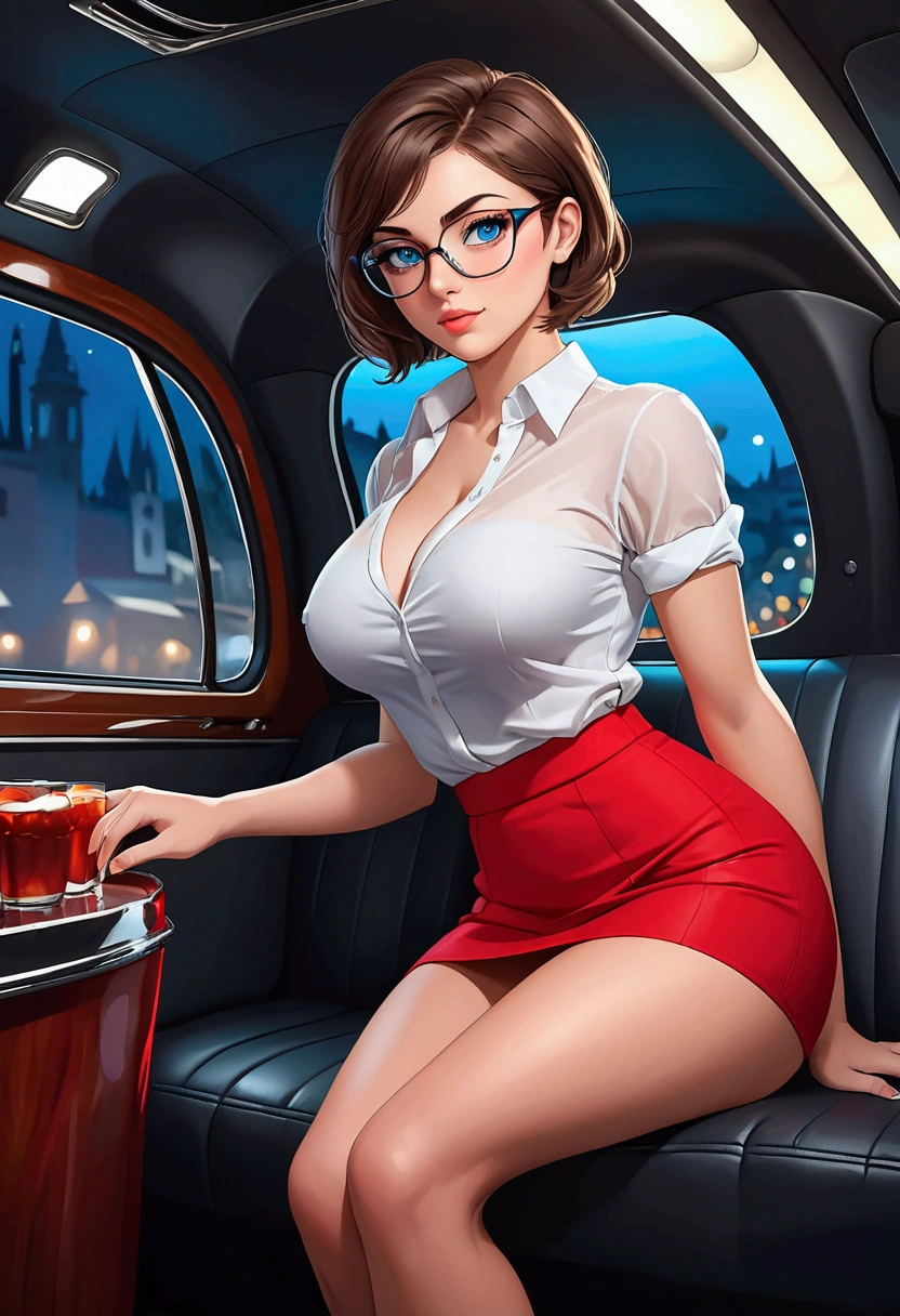 20 years old woman, Short brown hair, Mediterranean with blue eyes, Generous and heavy breasts, slender waist, definition of l'estomac, fesses rebondies et pulpeuses, naturally curved, muscular thighs, aguicheuse , blue eye, lunettes, sitting in a limo , red mini Skirt, white sheer blouse, at night, heels, stocking