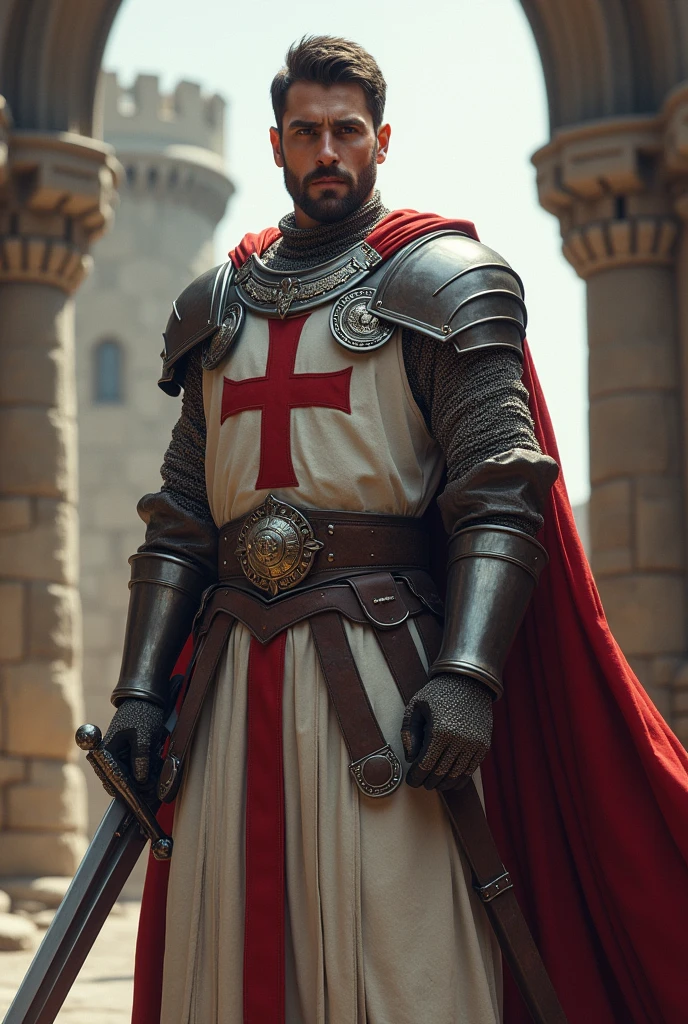 Create a realistic Templar warrior holding his sword with both hands.