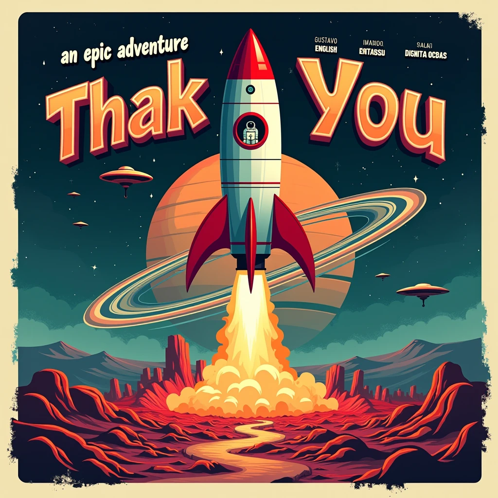 A design poster, (graffiti art, metallic letters, poster saying "50K"). Another medium text "OBRIGADO", "THANK YOU", "GRACIAS"). It features a classic rocket ship launching from an alien landscape with flying saucers, astronaut, and a ringed colorful planet in the background. The title is in bold, graffiti style typography with a catchy tagline, "An Epic Adventure". ((small tittle "GUSTAVO YABAI"))