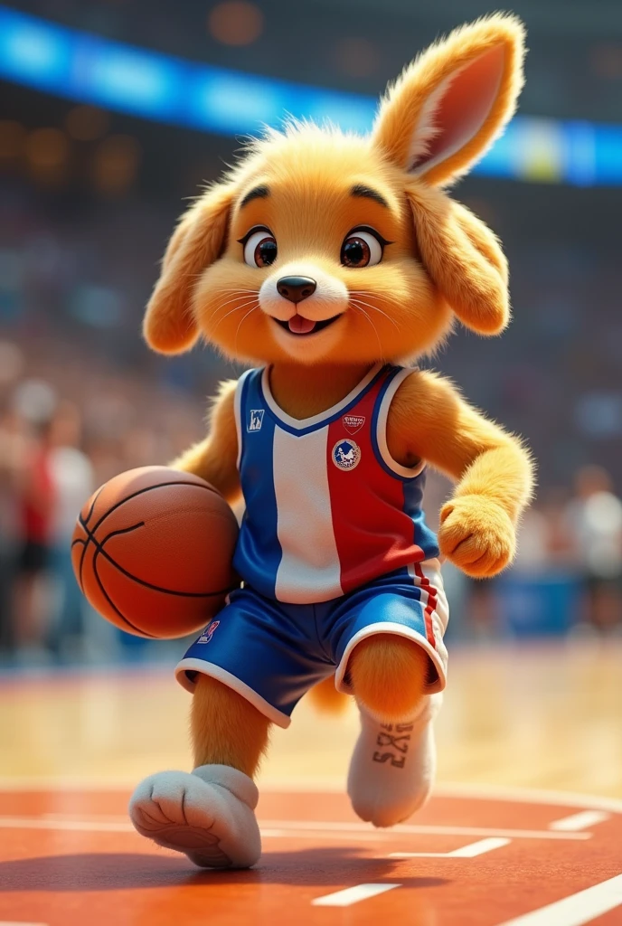 Un animal avec un corp de lapin avec une tete de golden retriever habillé en tenue de basket-ball de la france fille