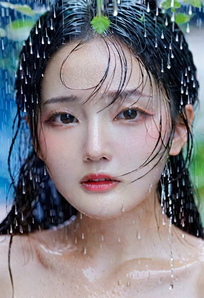 she likes to be very wet a high-resolution image capturing a young model with long, straight, wet hair covering her face under a Strom rain
with a water hose. the obscured face emits a cute, youthful vibe reminiscent of a 1 actress/model year 16 asian. she adorns an elegant, voluminous gala dress with a floral pattern and voluminous sleeves,