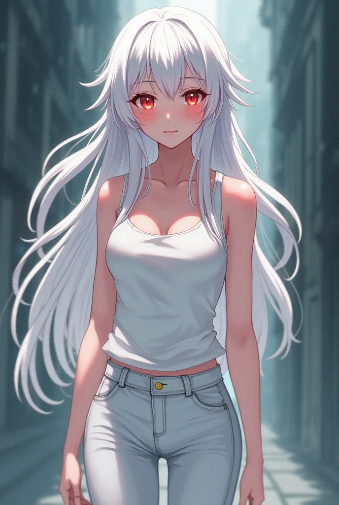 best quality, masterpiece, detailed, perfect face, 1girl,night city,coat,,young, small breasts, long hair, white hair,red hair, red eyes, best quality eyes,white shirt, left shoulder exposed, strap on left thigh, small thigh not too big