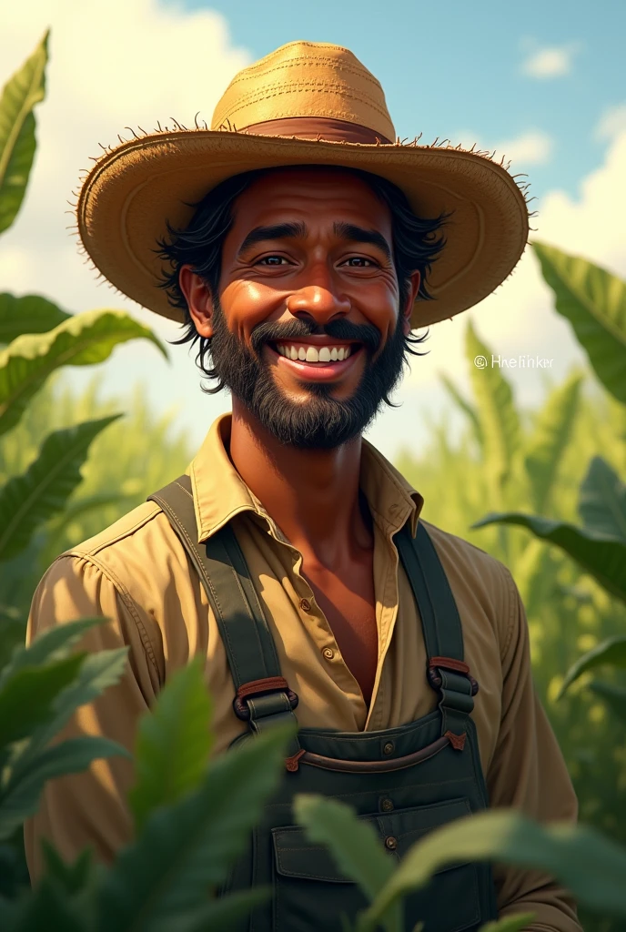 Make an art of a farmer, with straw hat, dark brown skin color and a striking smile. 
