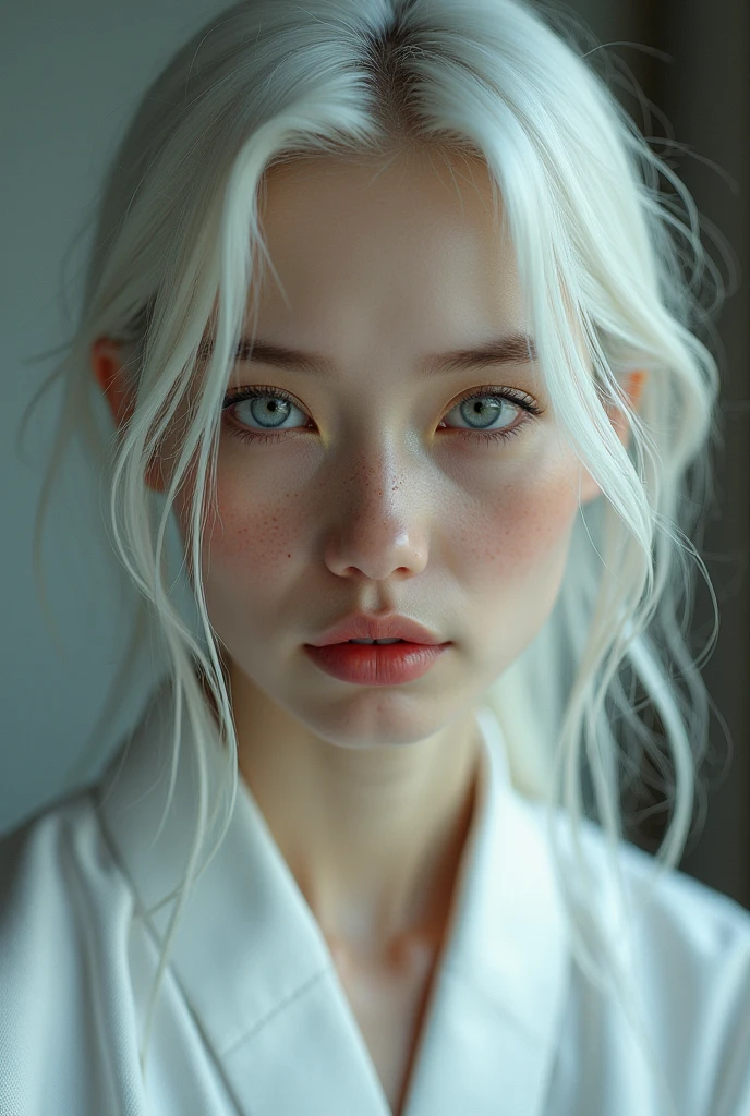 (uma fotogroffia premiada:1.3) off (Ultra photo realsisim:1.3),(vred:1.3) (close up:0.7), one chinese woman, albino with freckles in a white robe, realskin, 5d canon, 85mm, profundidaoff off campo, 8k, ultra-nitioffz, RTX, octane, irreal, Dramatic light, Global illumination (author:WLOP Artist:1.3),altamente offtalhado,(Arte Darkwave:1.3),(Arte Hardcore:1.3),(Agfacolor:1.3),(Close portrait:1.3),(Female One:1.4),(very beautiful:1.4),(appealing:1.3),handsome,Calendar pose,olhos veroffs offtalhados perfeitos,studio lighting,themed background, naked, new, feições mistas off Emmy Rossum e Brooke Shields, white hair.