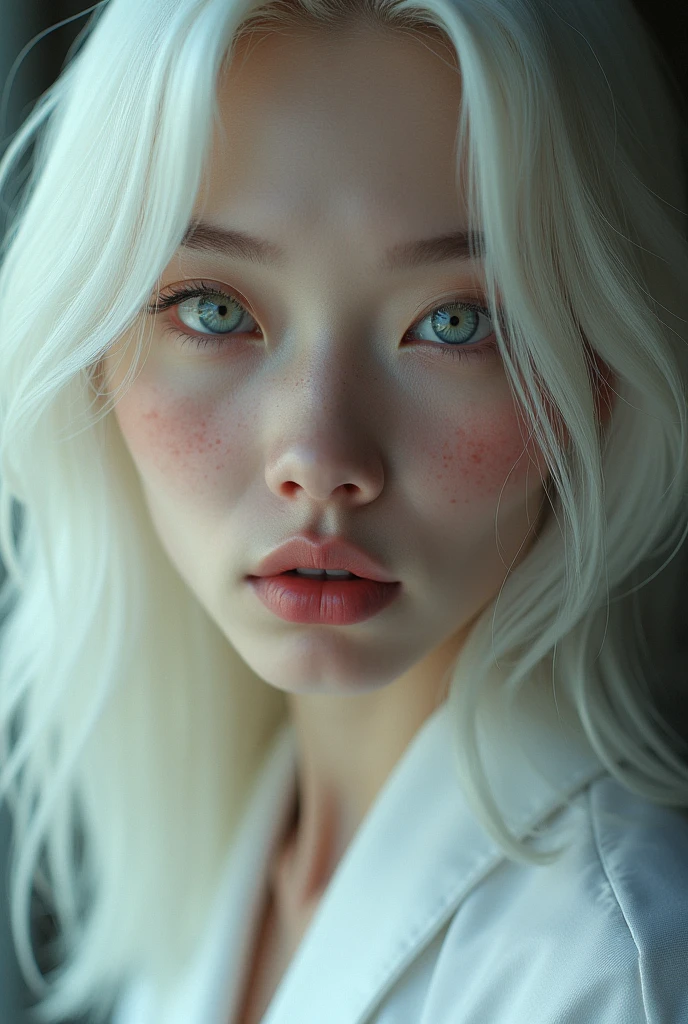 (uma fotogroffia premiada:1.3) off (Ultra photo realsisim:1.3),(vred:1.3) (close up:0.7), one chinese woman, albino with freckles in a white robe, realskin, 5d canon, 85mm, profundidaoff off campo, 8k, ultra-nitioffz, RTX, octane, irreal, Dramatic light, Global illumination (author:WLOP Artist:1.3),altamente offtalhado,(Arte Darkwave:1.3),(Arte Hardcore:1.3),(Agfacolor:1.3),(Close portrait:1.3),(Female One:1.4),(very beautiful:1.4),(appealing:1.3),handsome,Calendar pose,olhos veroffs offtalhados perfeitos,studio lighting,themed background, naked, new, feições mistas off Emmy Rossum e Brooke Shields, white hair.