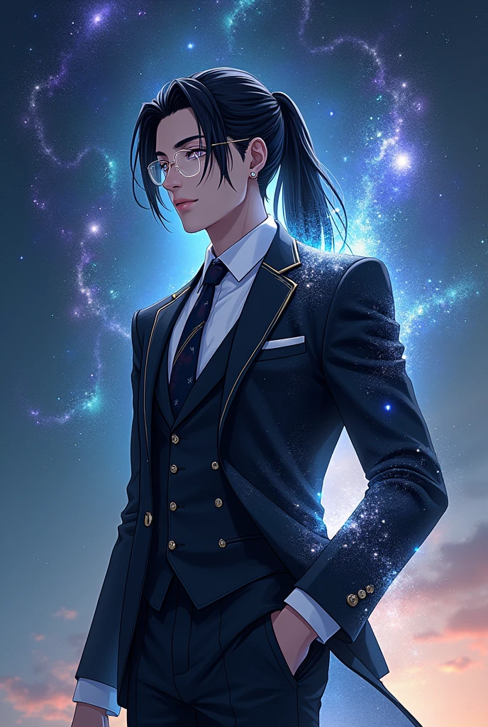 To create an image that displays Adlorye and its intangible forms (Nevba) in one illustration with style *genshin impact*, Here are the details of the revision which focuses more on Adlorye's character as a handsome man in a formal suit.:
### **1. Image Concept**
- **Composition**: The image should be divided into two main parts, one for Adlorye's physical form and one for the intangible form (Nevba). These two forms can be displayed in one visually unified cosmic background..
### **2. Detail Adlorye (Form Fisik)**
1. **Cosmic Dimension**:
- **Background**: Cosmic with elegant soft galaxies and nebulae, creating an atmosphere that supports Adlorye's formal appearance.
2. **Appearance**:
- **Hair**: Long and tied back like Eren Yeager from *Attack on Titan* final seasons, with a shiny jet black color.
- **eye**: Dark almost black, with elegant transparent sunglasses.
- **clothes**: Dark formal suit with cosmic accents. A suit should be designed with elegant details., including matching tie. Consider adding a cosmic element to the suit to match the background.
3. **expression dan Aura**:
- **expression**: Cold but soft, with a calm gaze or a faint smile.
- **Aura**: Soft and elegant, with a subtle glow around her body.
### **3. Nevba detail (Form Tidak Berwujud)**
1. **Cosmic Dimension**:
- **Background**: Cosmic with dynamic galaxies and nebulae, flowing from the physical part of Adlorye.
2. **Appearance**:
- **Form**: An entity with vague humanoid features, like a silhouette of cosmic energy or mist, with a slight head shape, torso, and body parts.
- **color**: color kosmik seperti ungu, blue, and black with soft and dynamic light.
3. **expression dan Aura**:
- **expression**: Shown through patterns or light in the face and head area.
- **Aura**: Dynamic cosmic aura with moving light