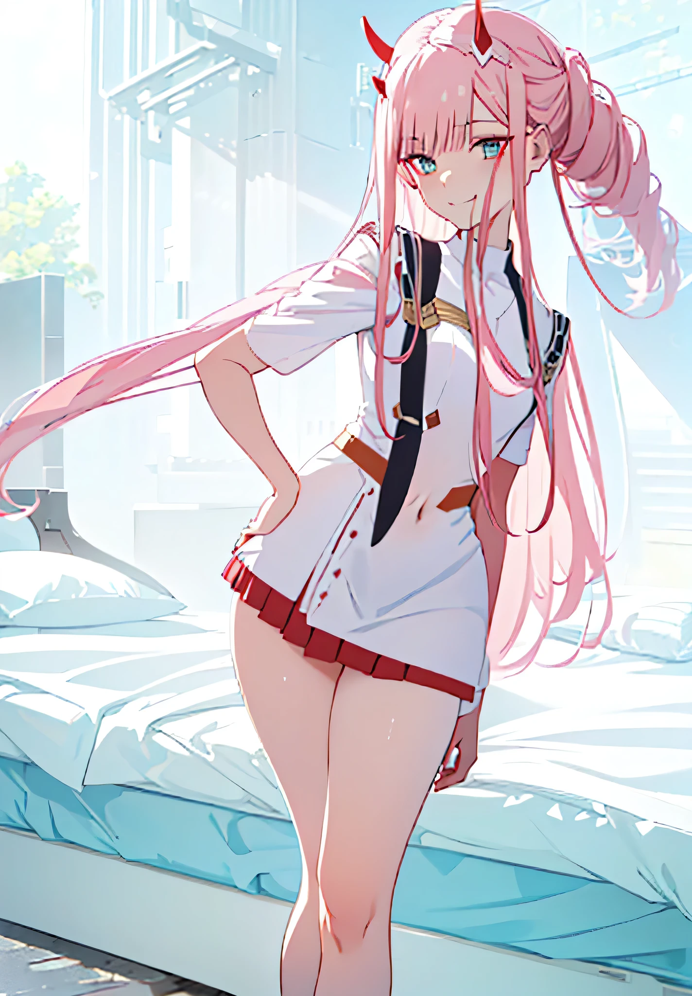 beautiful illustration、top-quality、Cute  s、bedroom、pink-haired、lenght hair, red color eyes、(((pink pleated skirt))、(((white sailor suit)))、shortsleeves、a navel、bare-legged、on the beds、lovely thighs、glowing thigh, 1girl, bangs, biting, blush, covered navel, eyeshadow, hair behind head, hand on hip, smile, long hair, looking at viewer, makeup, pilot suit, red eyeshadow, science fiction, skin tight, solo, ((masterpiece)),camel toe, (breast:0.6), 8k, (thick thighs:1.3), beautiful, trap, futa, zero two, small horns