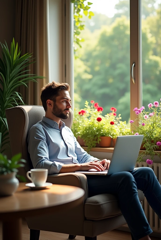 (photorealism:1.2), a man setting on a chair with a white laptop beside a cofee cup and baground a room window glass open outside look very beatyfull gerden