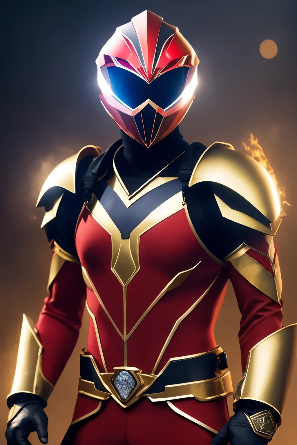 Create an image of the Red Power Ranger, an iconic character from the Power Rangers franchise, as if it were a profile photo showing the character from the waist up. The Ranger should be wearing a striking red suit with white diamond-shaped patterns across the chest. Add gold details to the suit, such as on the gloves, boots, and around the edges of the armor, to give it an enhanced, powerful look. The helmet should have a sleek, aerodynamic design with a black visor that completely covers the eyes, with silver detailing around the visor area, and a gold emblem of the character's specific animal or dinosaur, like the Tyrannosaurus Rex for the original Mighty Morphin Power Rangers.

The Red Ranger should be in a confident and powerful pose, perhaps with arms crossed or holding his signature weapon, like the Power Sword. The image should focus on the details of the suit and helmet, with vibrant colors and lighting that highlights the intense red and added gold elements.

Surround the character with visual effects, such as glowing particles, sparks, and dynamic energy waves, to emphasize the action-packed nature of the scene. The background can be simple, with a solid color or a subtle effect that complements the character, allowing the Red Ranger to stand out as the main focus e faça ele mais perto como uma foto de perfil ele tem que estar fazendo alguma ação com as mãos
