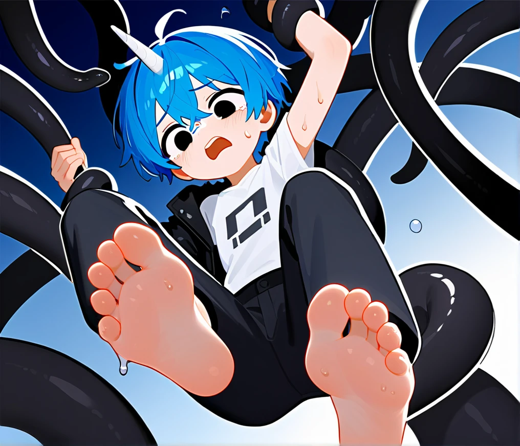 in the room,A cute boy，Low Angle，Boy entangled in tentacles，Black Tentacles，Scared expression，black eyes，short hair，Blue Hair，There are bangs between the eyes, There is a blue Unicorn on the head.，unicorn，black eyes，White T-shirt，Black jacket，Show your shoulders，Black pants，Clear facial features，Center view of the sole, barefoot,Two legs，Two feet， No shoes allowed, Sweating on the soles of the feet, Perfect feet, Anatomically accurate，(Each foot has five toes)Boy entangled in tentacles，Boy&#39;s wrists entangled by tentacles